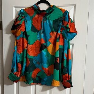 Entro Colorful Abstract Mock Neck Long Sleeve Lined Blouse Size Large - Read